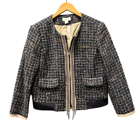 Ann Taylor LOFT Blazer Womens Medium Cropped Full Zip Tweed Boucle Chain NEW - Picture 1 of 12